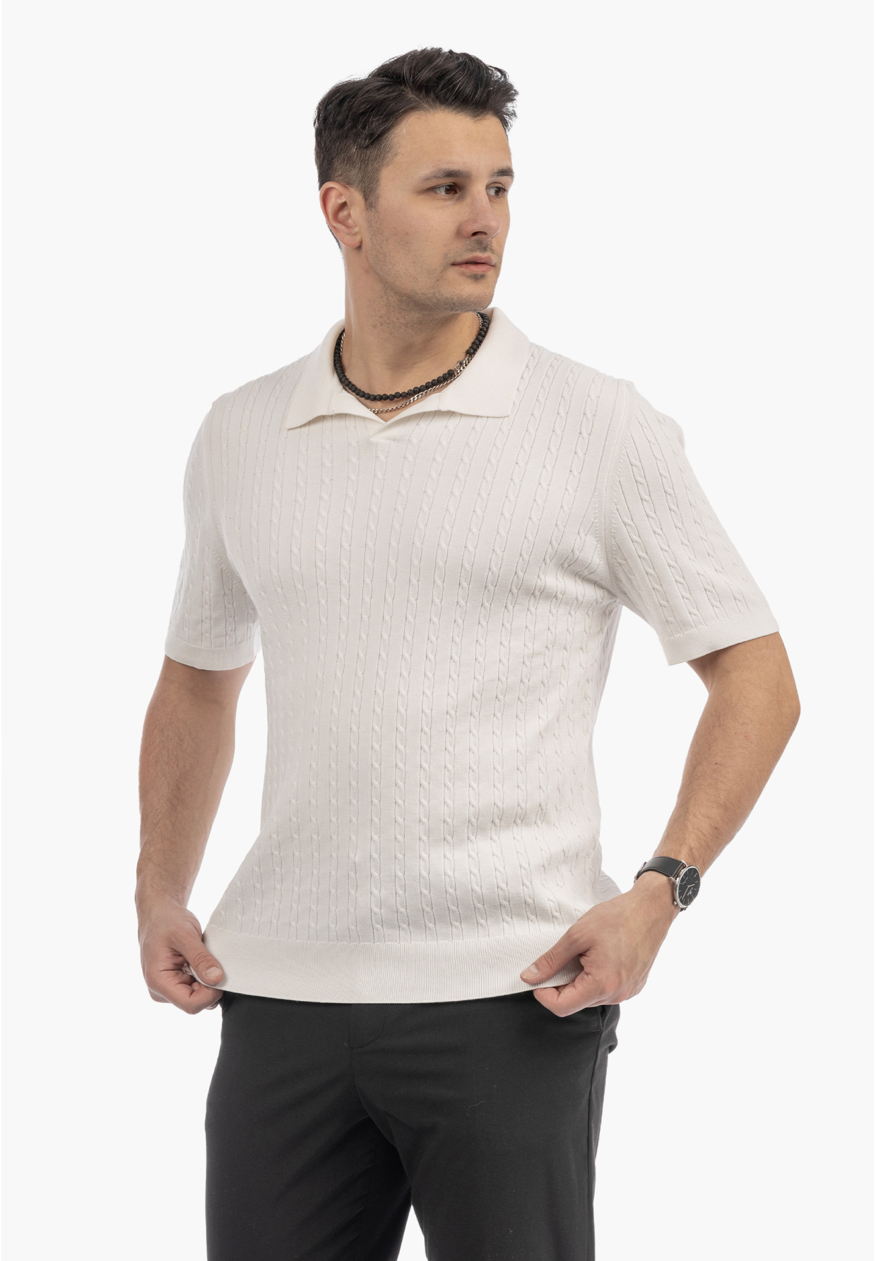 Koszulka Męska Polo Z Kołnierzykiem Dzianinowa Elegancka Biała FRAPPOLI