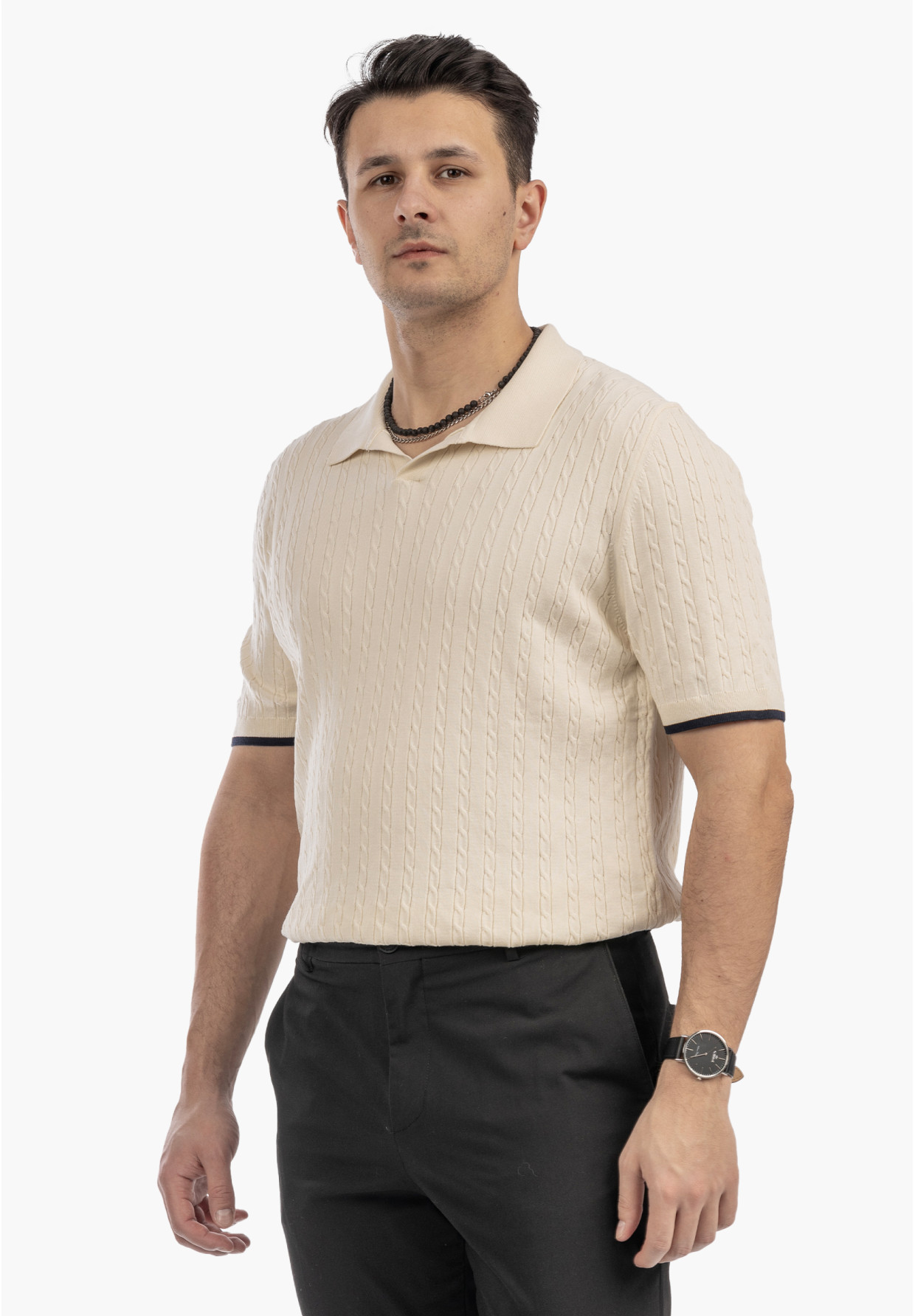 Koszulka Męska Polo Z Kołnierzykiem Dzianinowa Elegancka Beżowa FRAPPOLI