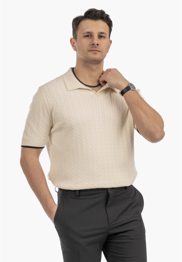Koszulka Męska Polo Z Kołnierzykiem Dzianinowa Elegancka Beżowa FRAPPOLI