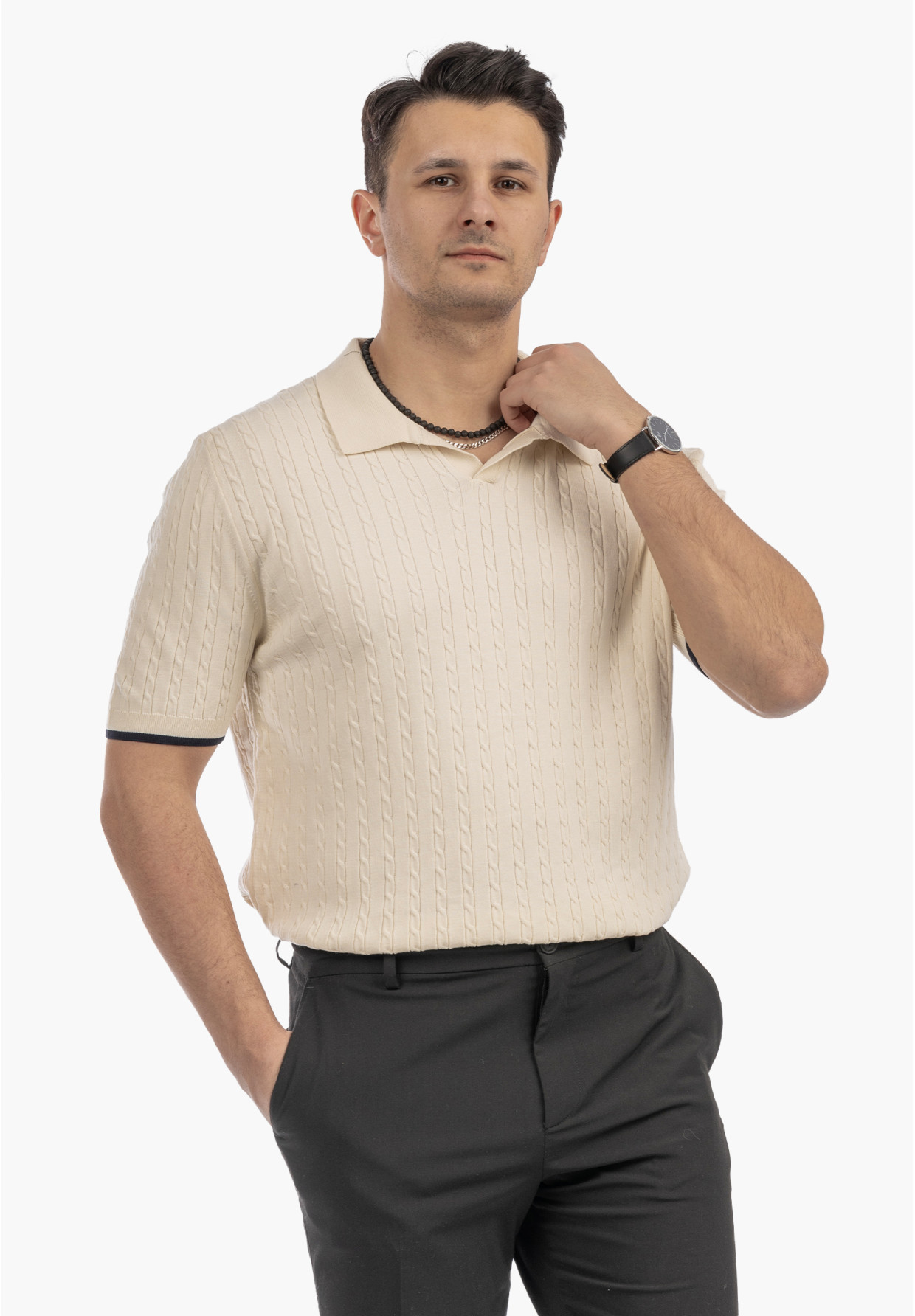 Koszulka Męska Polo Z Kołnierzykiem Dzianinowa Elegancka Beżowa FRAPPOLI