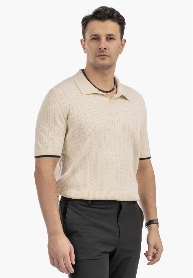 Koszulka Męska Polo Z Kołnierzykiem Dzianinowa Elegancka Beżowa FRAPPOLI