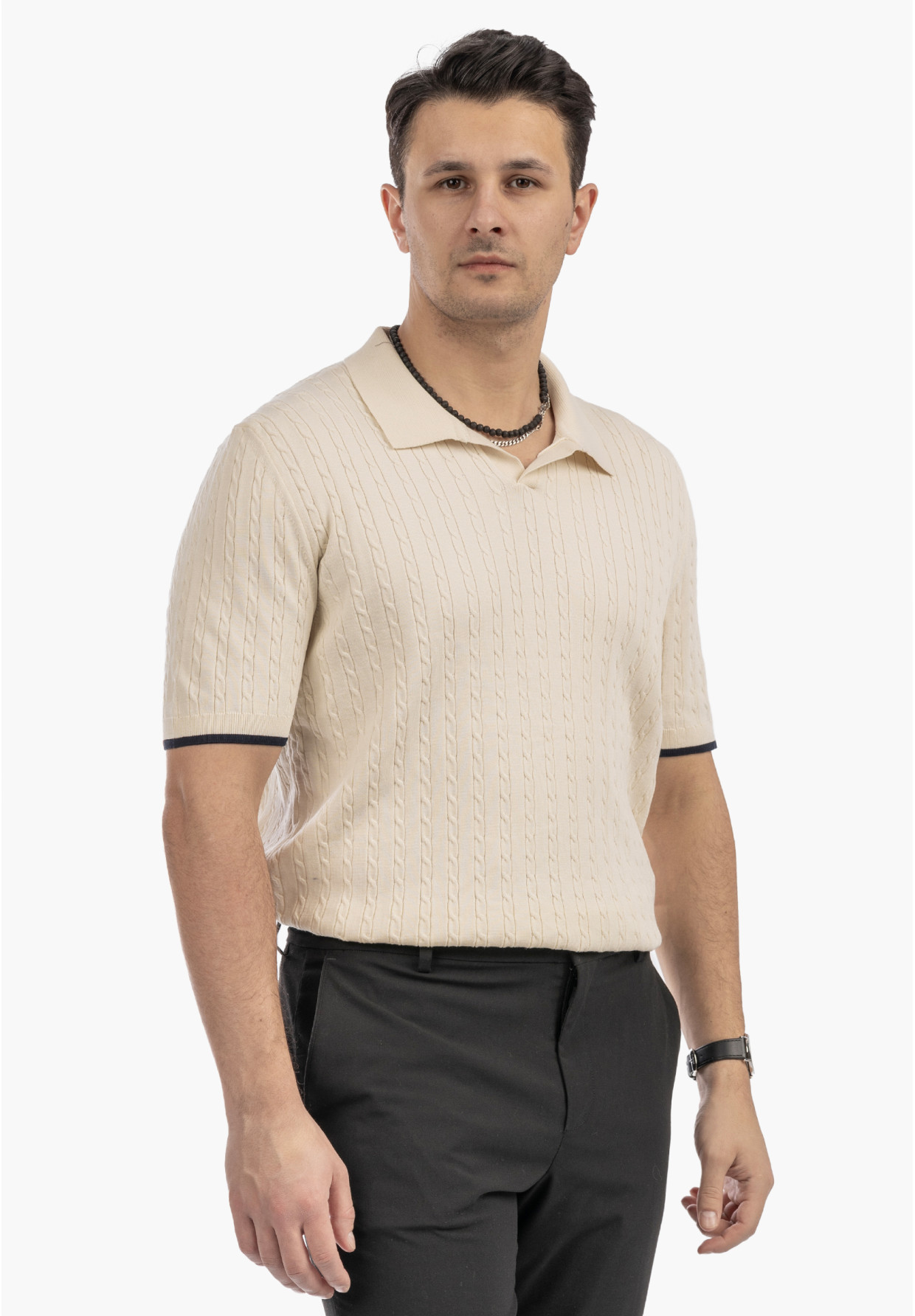 Koszulka Męska Polo Z Kołnierzykiem Dzianinowa Elegancka Beżowa FRAPPOLI