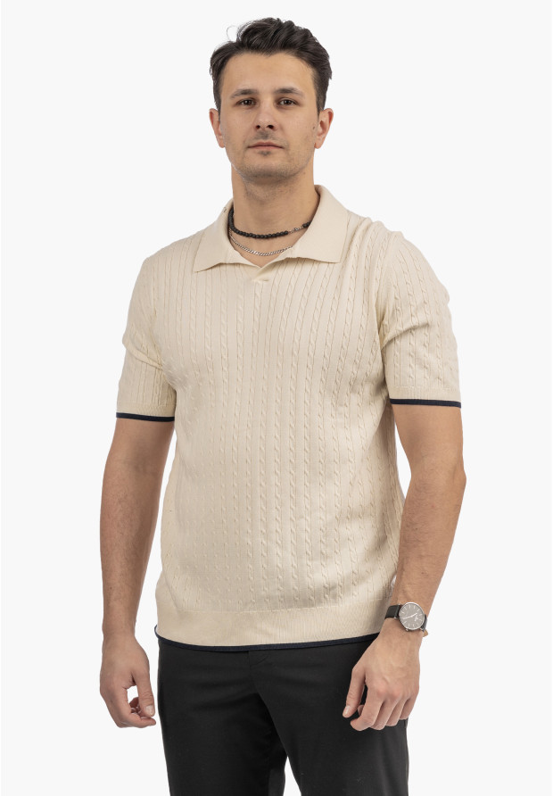 Koszulka Męska Polo Z Kołnierzykiem Dzianinowa Elegancka Beżowa FRAPPOLI