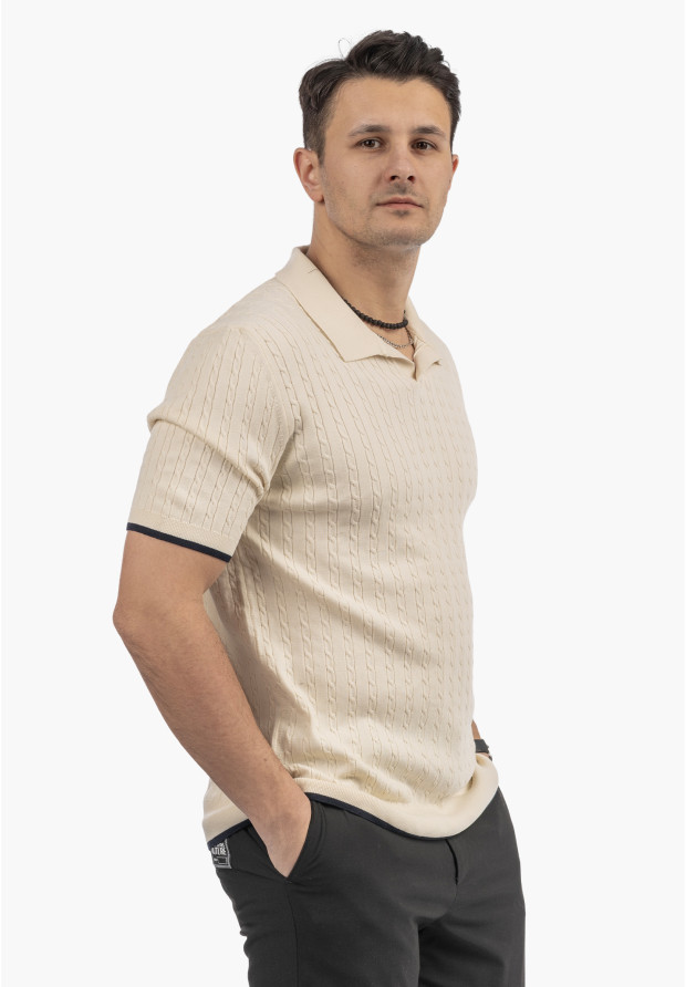 Koszulka Męska Polo Z Kołnierzykiem Dzianinowa Elegancka Beżowa FRAPPOLI