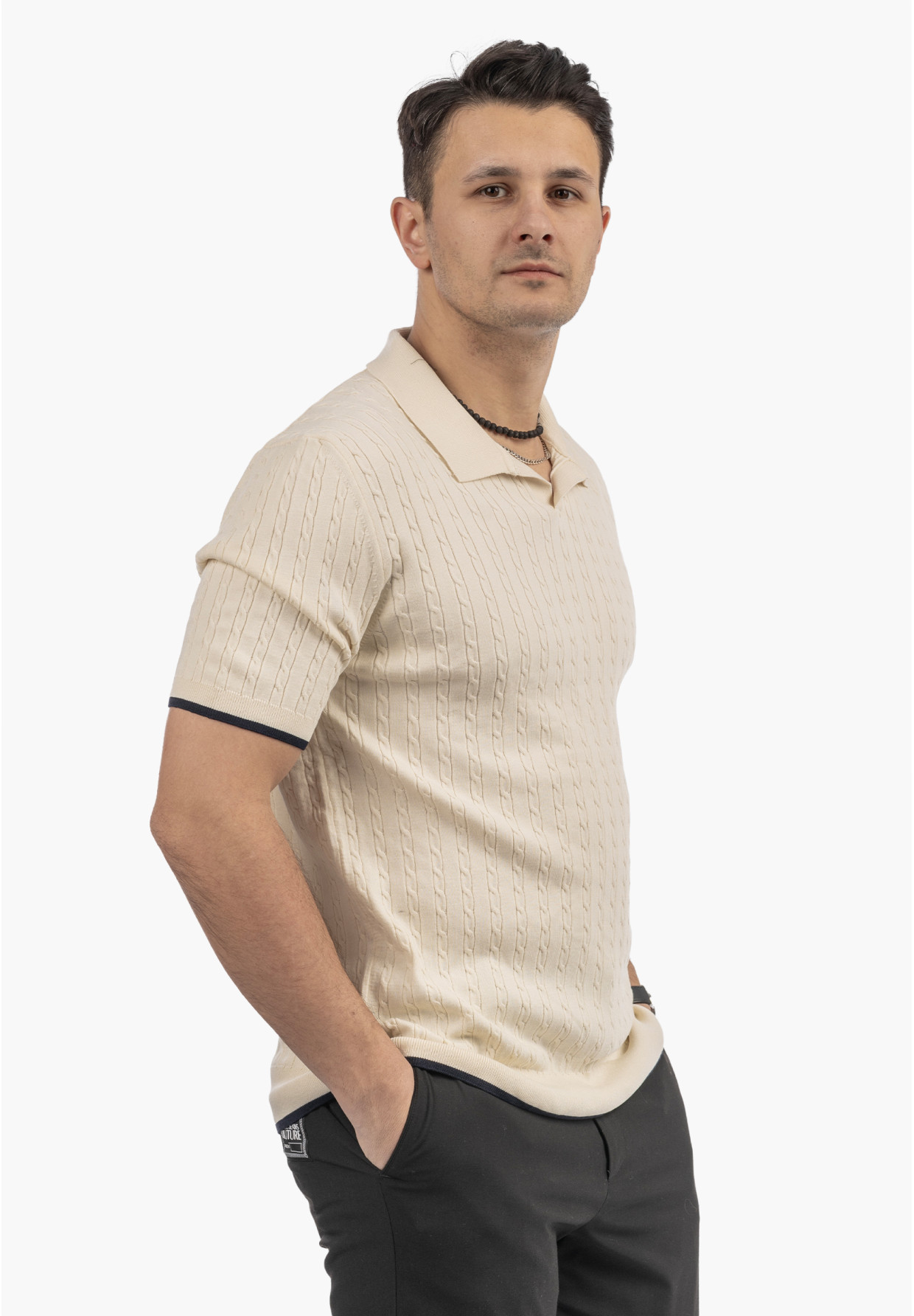 Koszulka Męska Polo Z Kołnierzykiem Dzianinowa Elegancka Beżowa FRAPPOLI