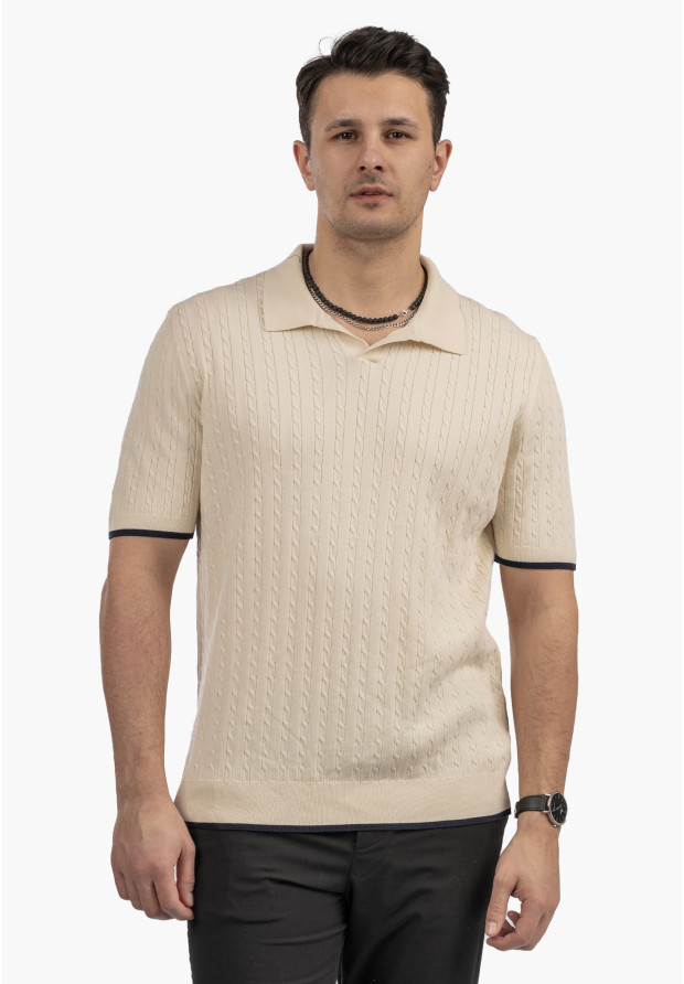 Koszulka Męska Polo Z Kołnierzykiem Dzianinowa Elegancka Beżowa FRAPPOLI