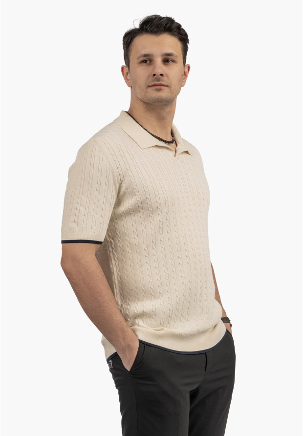 Koszulka Męska Polo Z Kołnierzykiem Dzianinowa Elegancka Beżowa FRAPPOLI