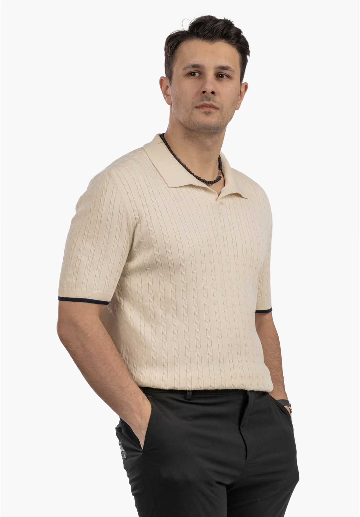 Koszulka Męska Polo Z Kołnierzykiem Dzianinowa Elegancka Beżowa FRAPPOLI