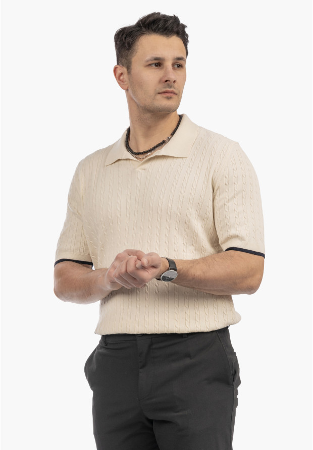 Koszulka Męska Polo Z Kołnierzykiem Dzianinowa Elegancka Beżowa FRAPPOLI