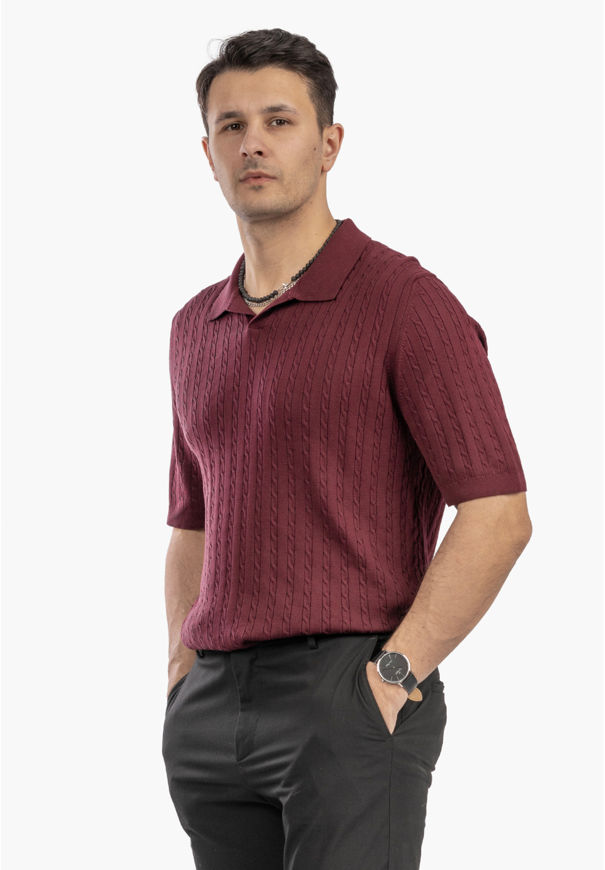 Koszulka Męska Polo Z Kołnierzykiem Dzianinowa Elegancka Bordowa FRAPPOLI