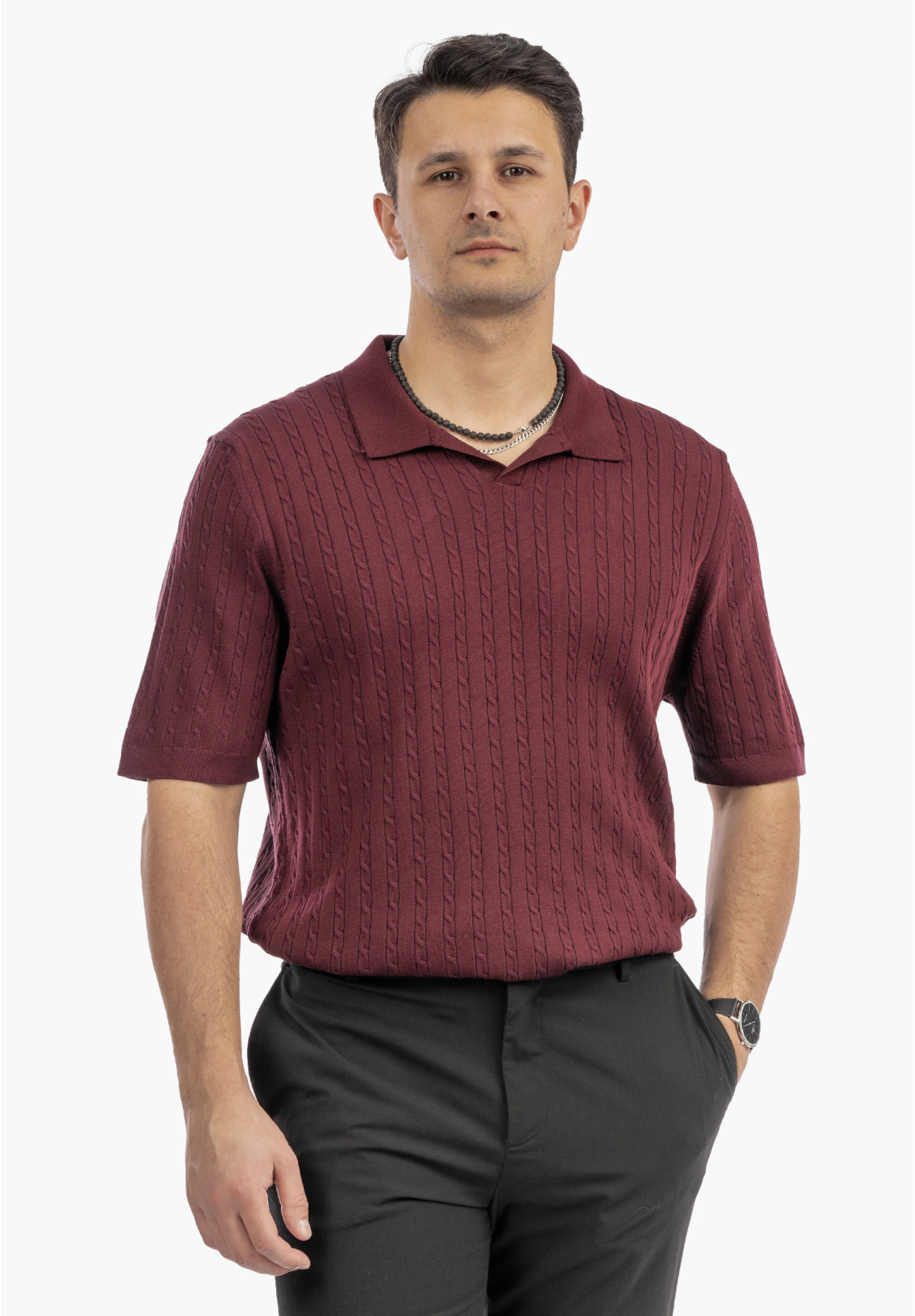 Koszulka Męska Polo Z Kołnierzykiem Dzianinowa Elegancka Bordowa FRAPPOLI