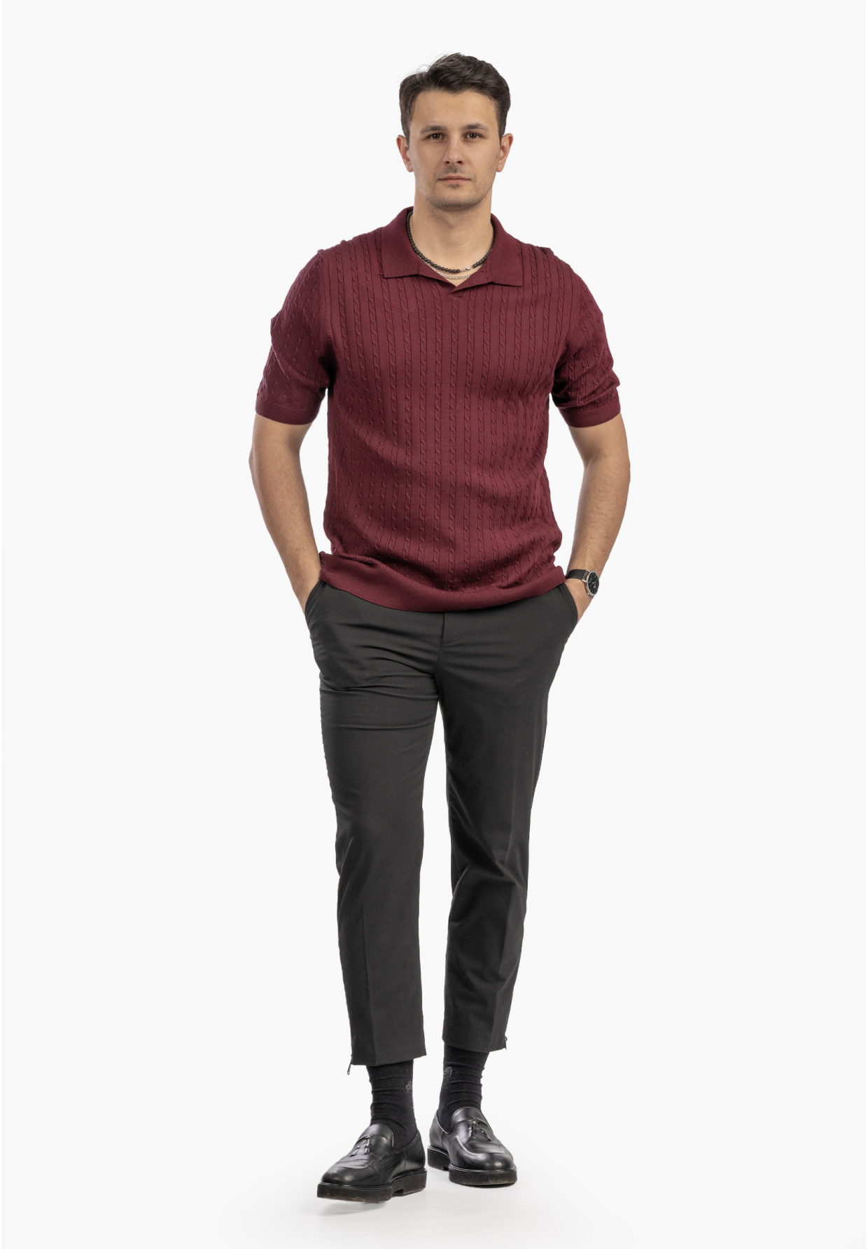Koszulka Męska Polo Z Kołnierzykiem Dzianinowa Elegancka Bordowa FRAPPOLI
