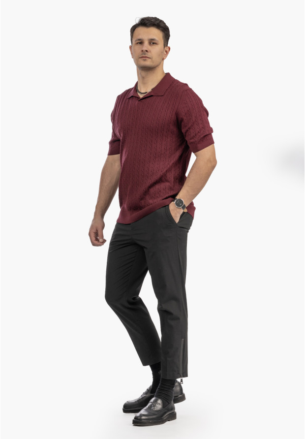 Koszulka Męska Polo Z Kołnierzykiem Dzianinowa Elegancka Bordowa FRAPPOLI