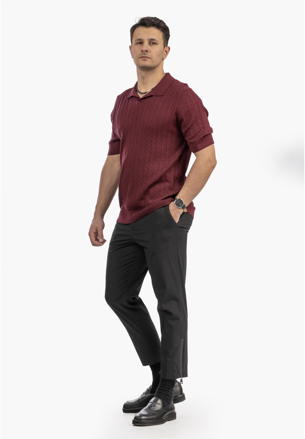 Koszulka Męska Polo Z Kołnierzykiem Dzianinowa Elegancka Bordowa FRAPPOLI