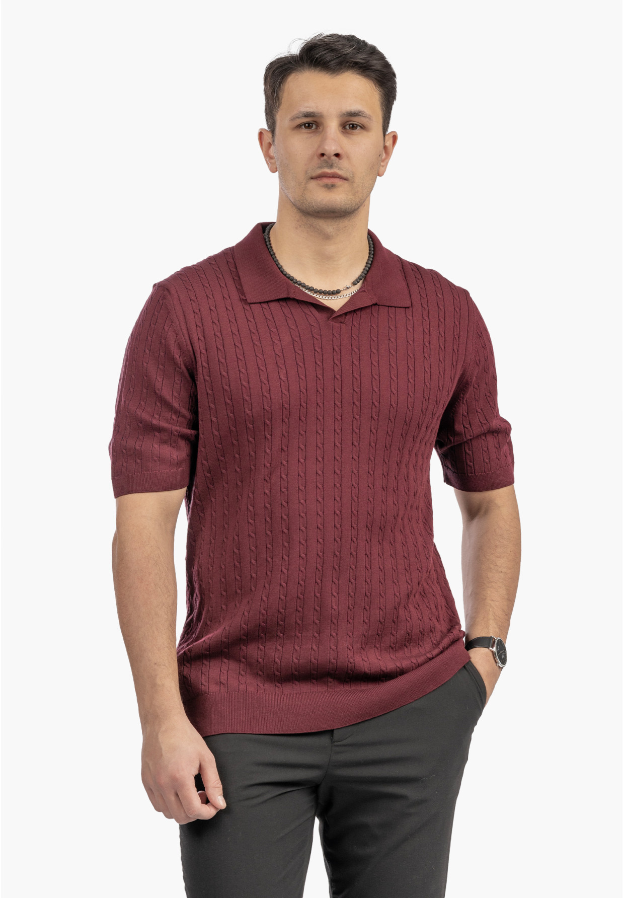Koszulka Męska Polo Z Kołnierzykiem Dzianinowa Elegancka Bordowa FRAPPOLI