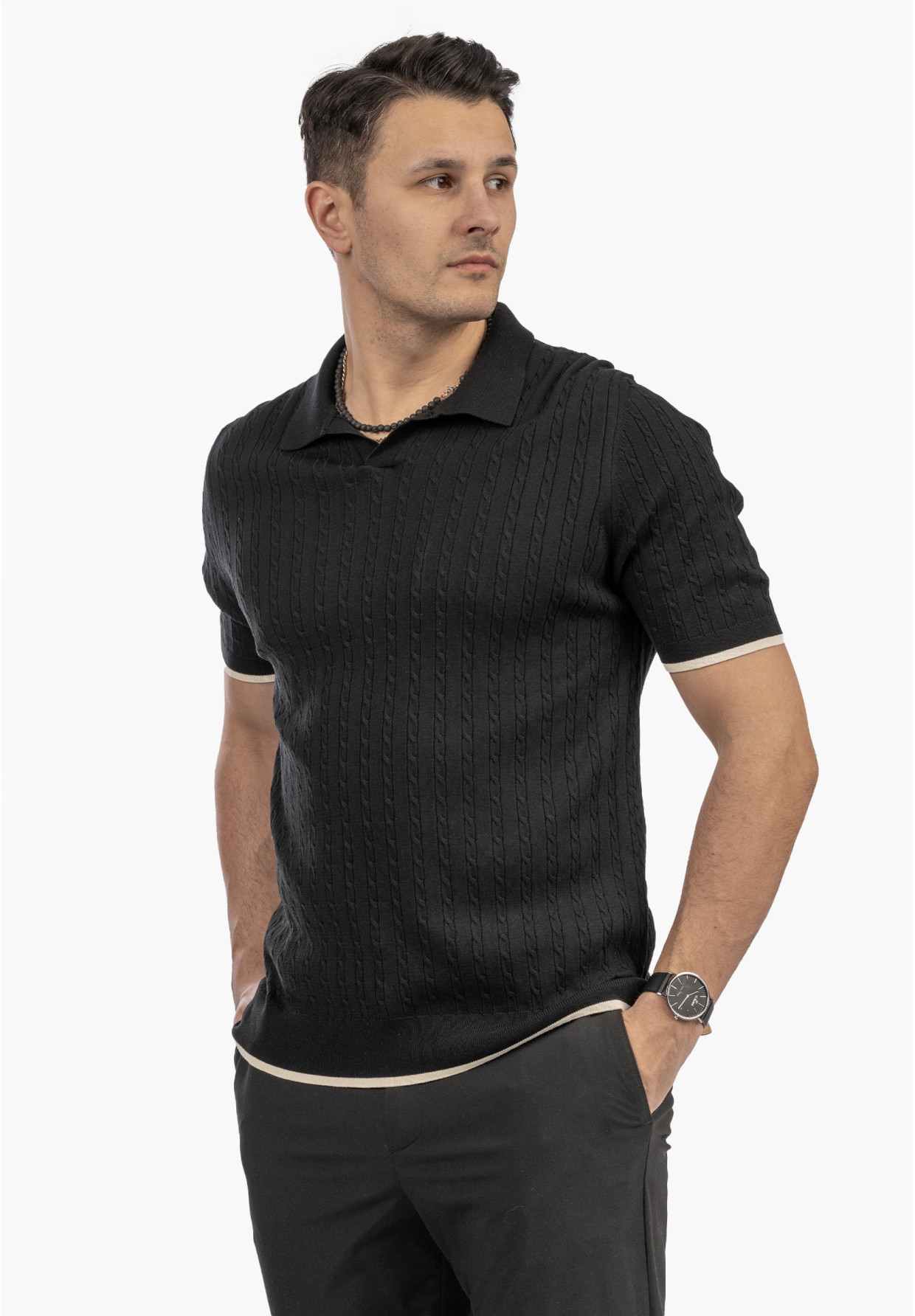 Koszulka Męska Polo Z Kołnierzykiem Dzianinowa Elegancka Czarna FRAPPOLI