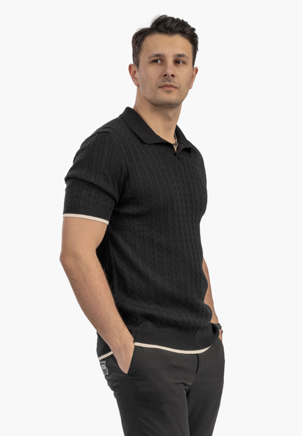 Koszulka Męska Polo Z Kołnierzykiem Dzianinowa Elegancka Czarna FRAPPOLI