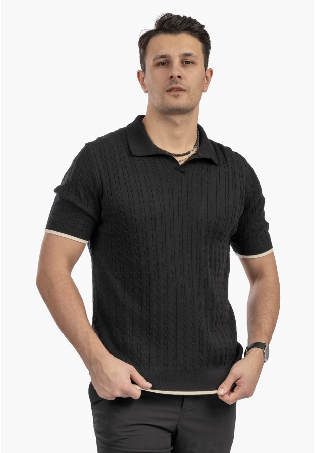 Koszulka Męska Polo Z Kołnierzykiem Dzianinowa Elegancka Czarna FRAPPOLI