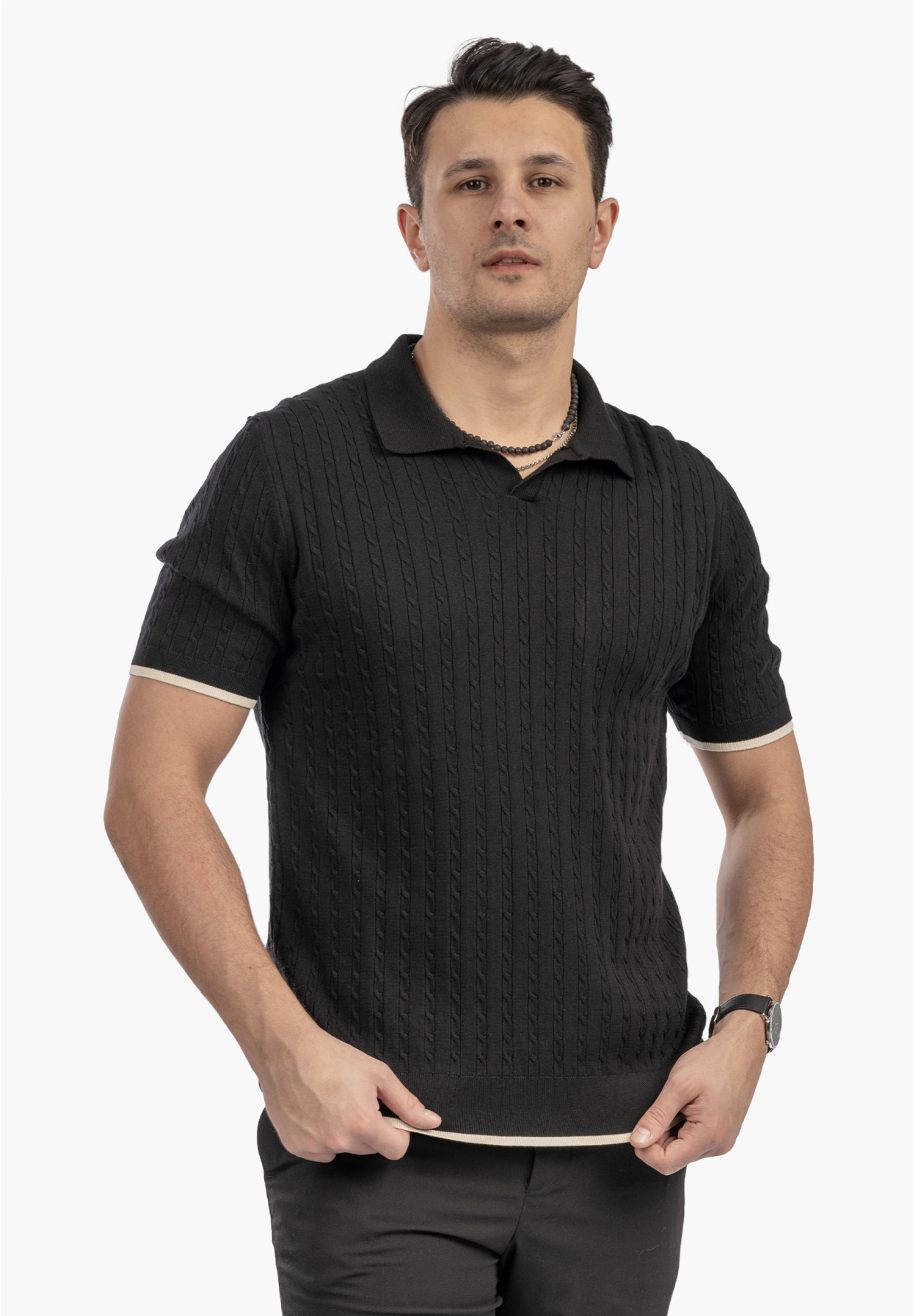 Koszulka Męska Polo Z Kołnierzykiem Dzianinowa Elegancka Czarna FRAPPOLI