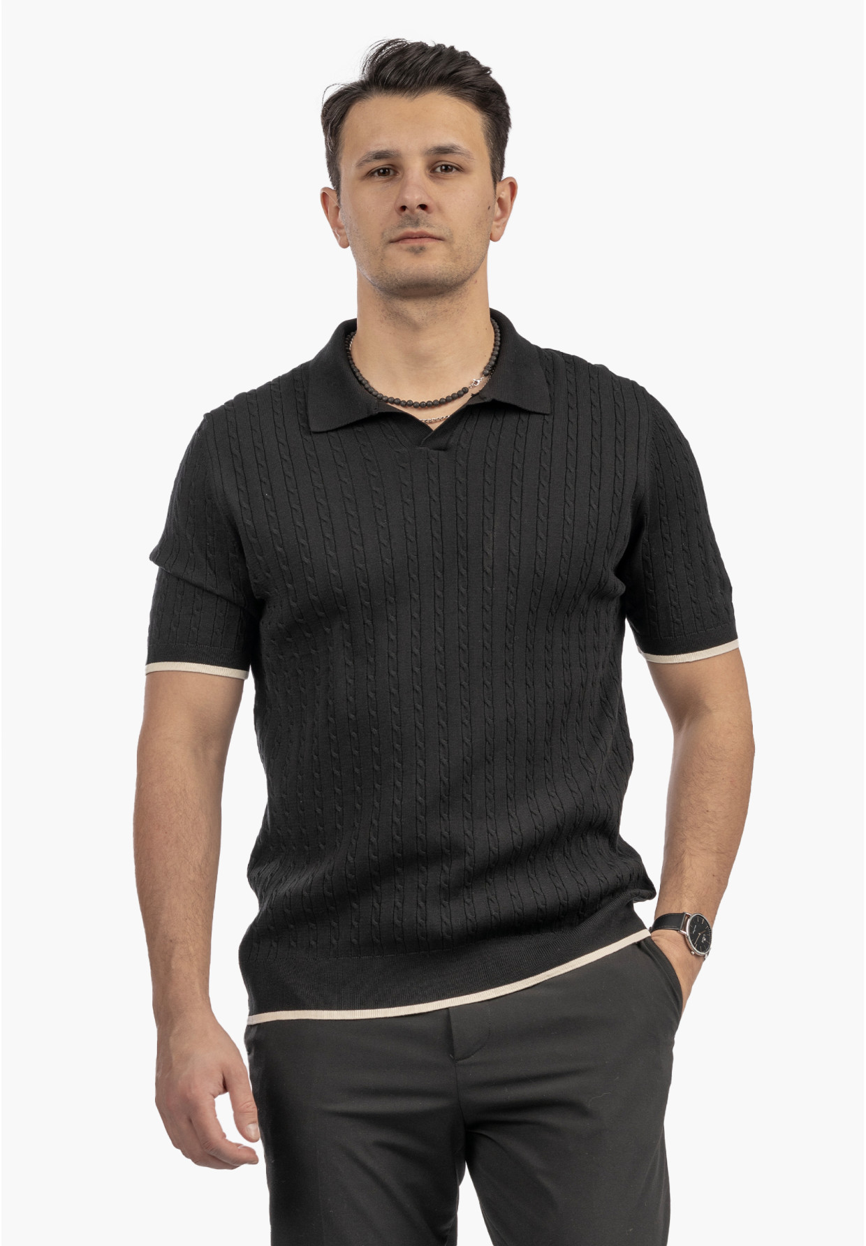Koszulka Męska Polo Z Kołnierzykiem Dzianinowa Elegancka Czarna FRAPPOLI
