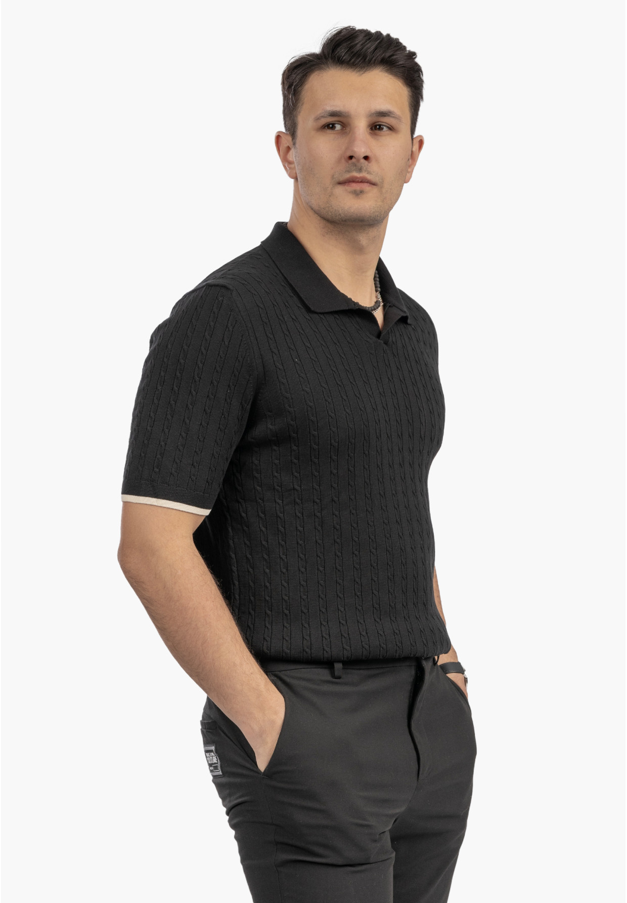 Koszulka Męska Polo Z Kołnierzykiem Dzianinowa Elegancka Czarna FRAPPOLI