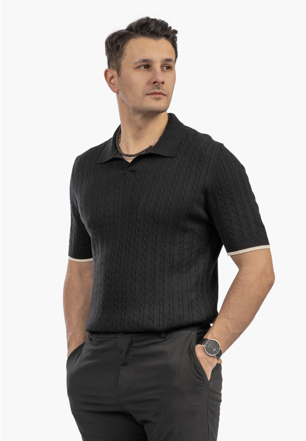 Koszulka Męska Polo Z Kołnierzykiem Dzianinowa Elegancka Czarna FRAPPOLI
