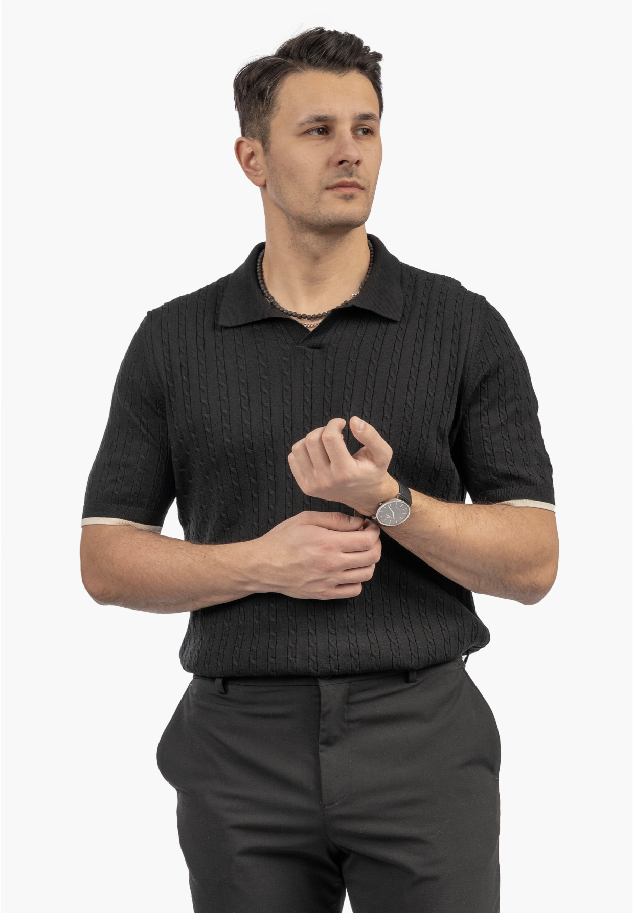 Koszulka Męska Polo Z Kołnierzykiem Dzianinowa Elegancka Czarna FRAPPOLI