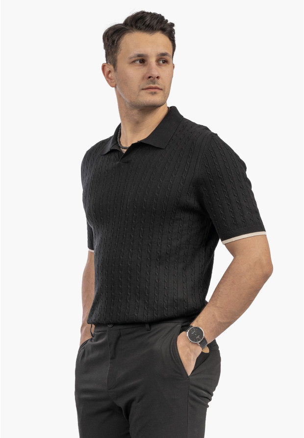 Koszulka Męska Polo Z Kołnierzykiem Dzianinowa Elegancka Czarna FRAPPOLI