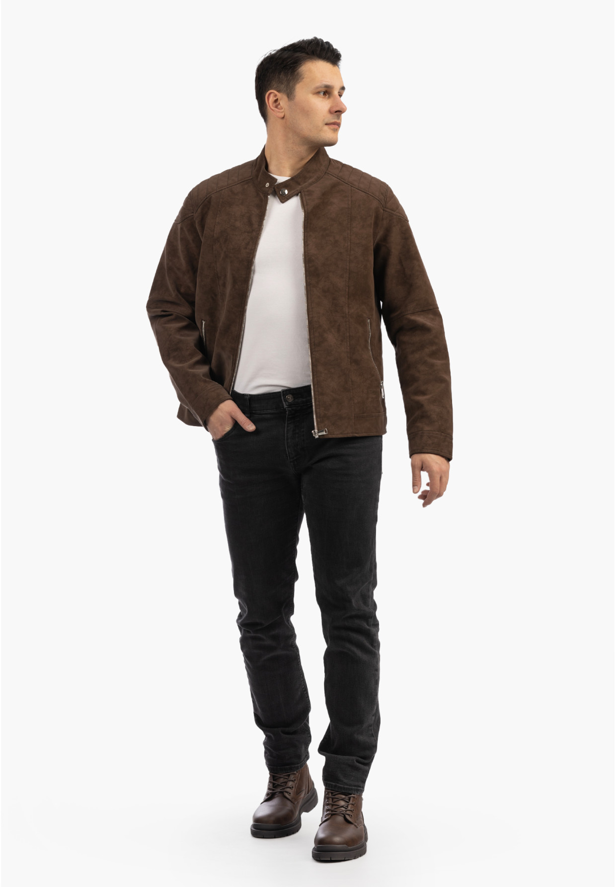 Kurtka Męska Ramoneska Ekoskóra Biker Elegancka ze stójką Brązowa KYMAXX