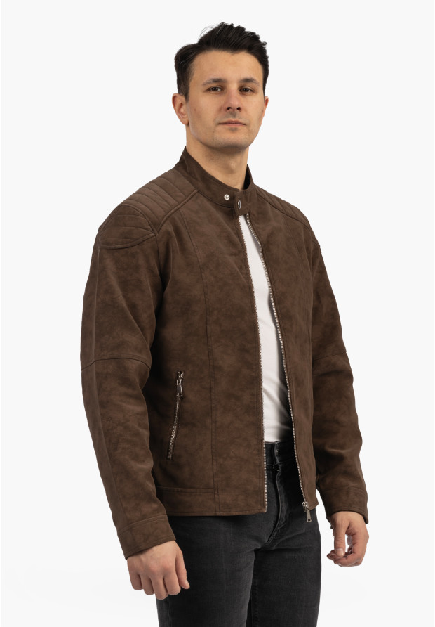 Kurtka Męska Ramoneska Ekoskóra Biker Elegancka ze stójką Brązowa KYMAXX