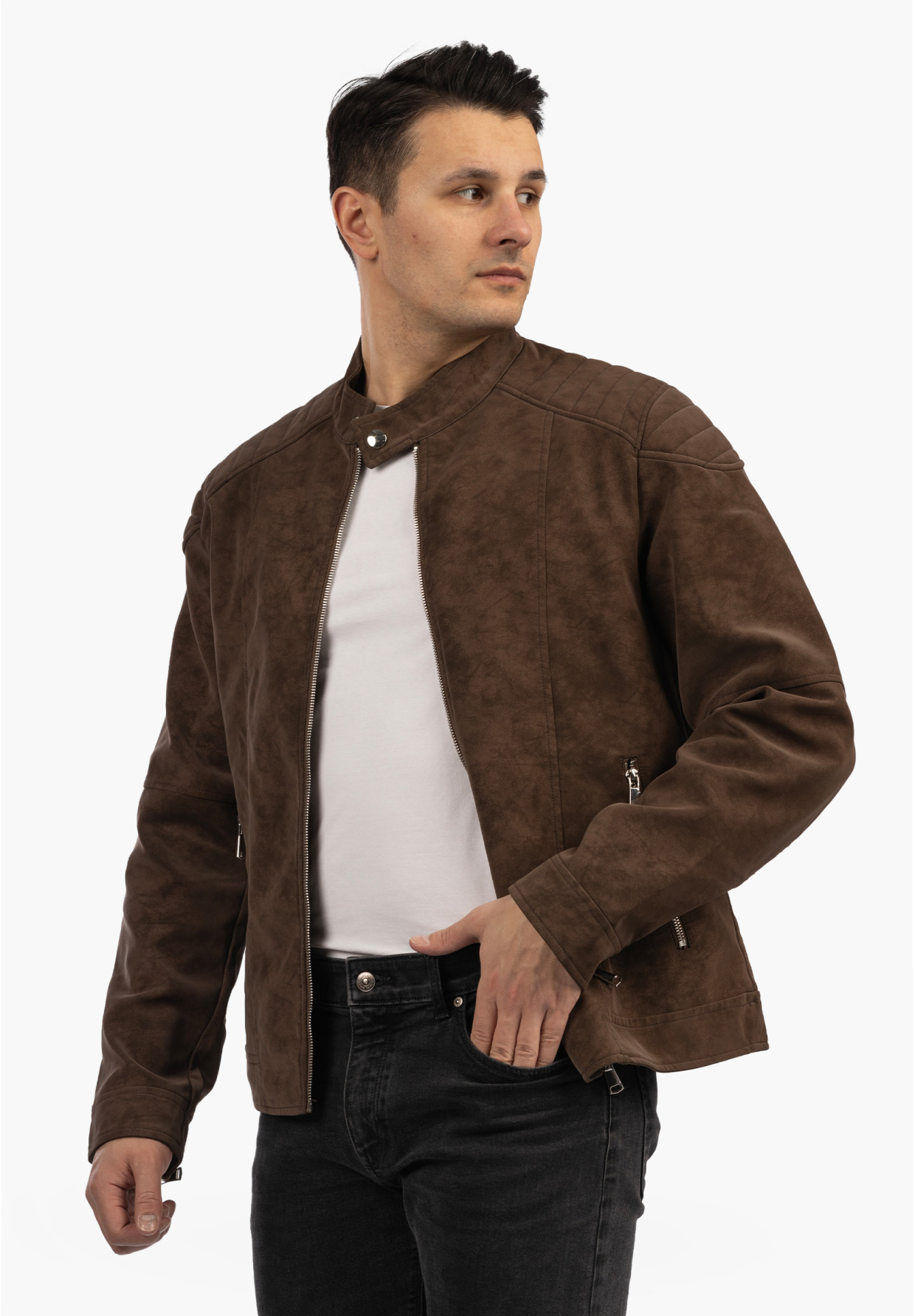 Kurtka Męska Ramoneska Ekoskóra Biker Elegancka ze stójką Brązowa KYMAXX