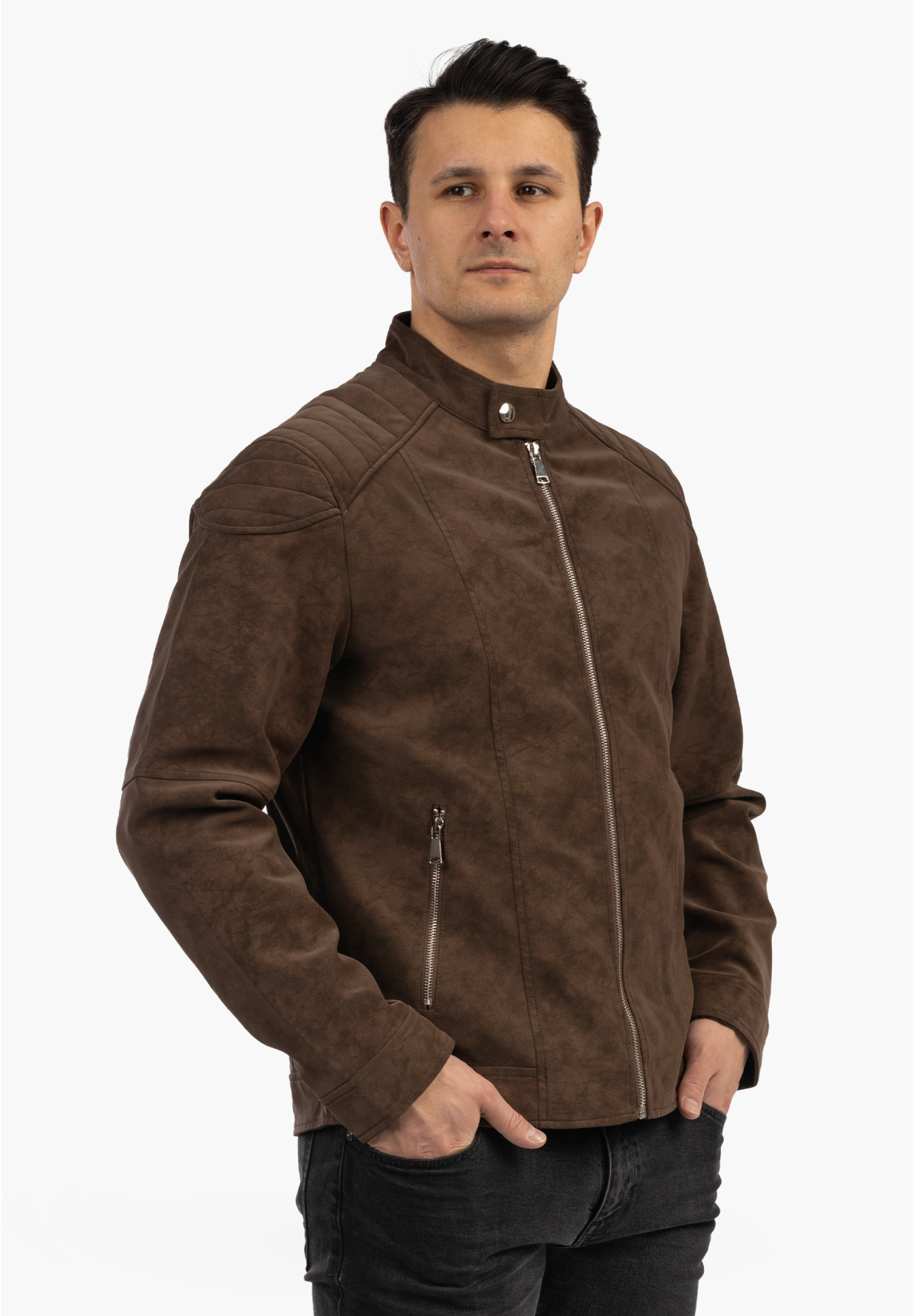 Kurtka Męska Ramoneska Ekoskóra Biker Elegancka ze stójką Brązowa KYMAXX