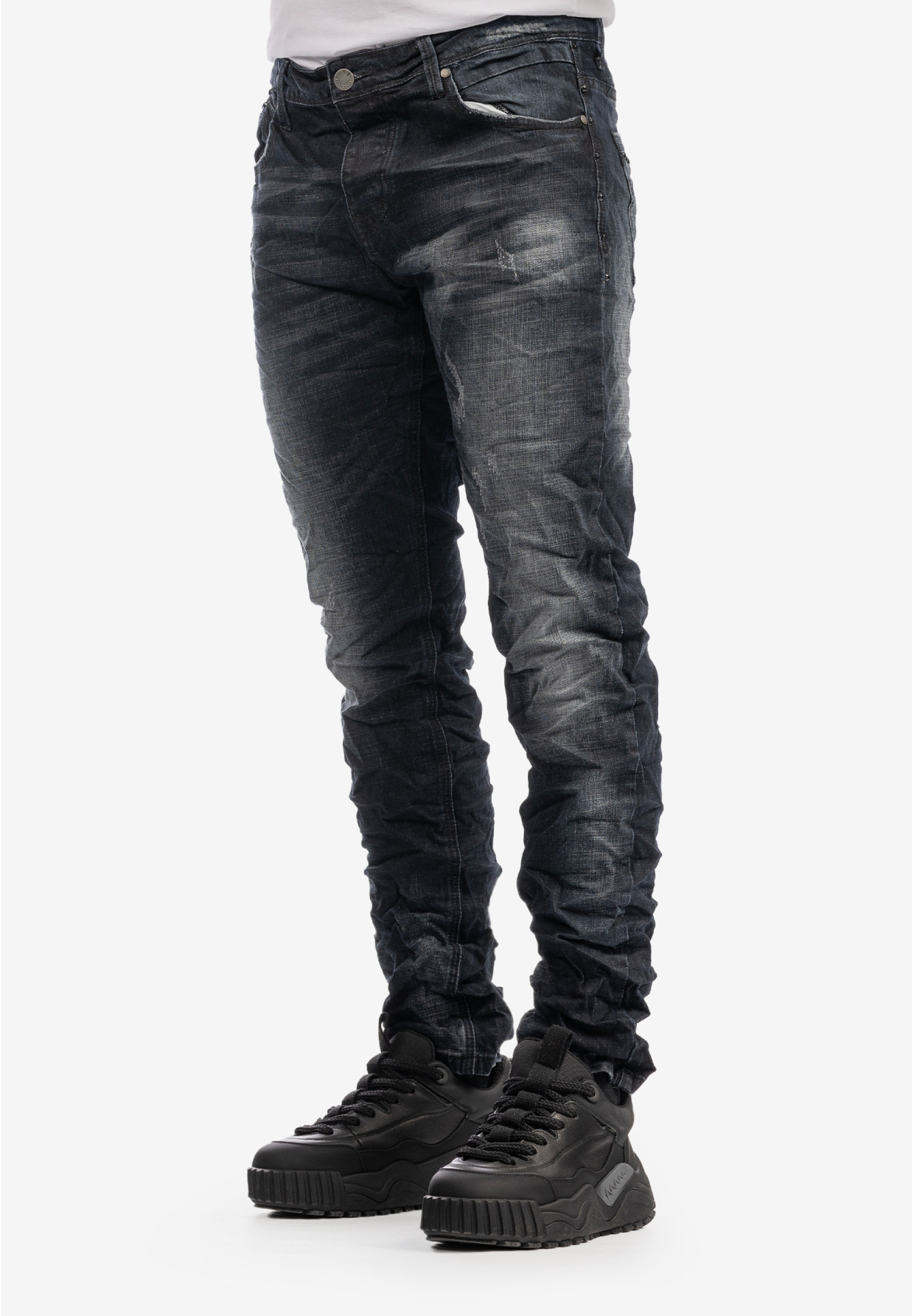 Spodnie Męskie Jeansowe Z Przetarciami Marszczeniami Ciemny Jeans KENZARRO