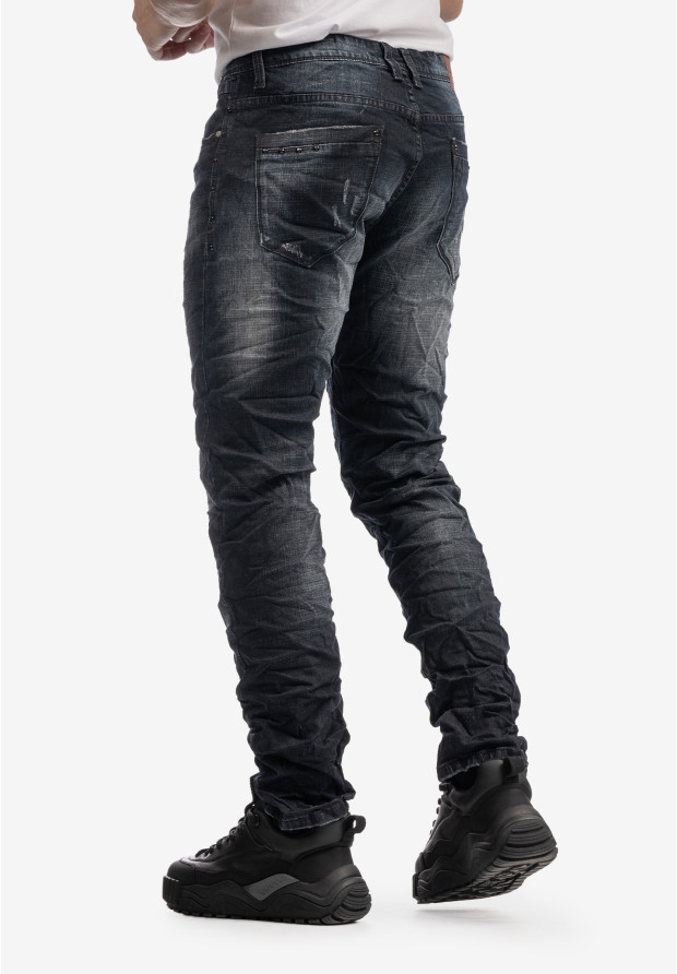 Spodnie Męskie Jeansowe Z Przetarciami Marszczeniami Ciemny Jeans KENZARRO
