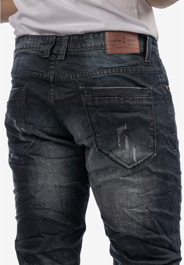 Spodnie Męskie Jeansowe Z Przetarciami Marszczeniami Ciemny Jeans KENZARRO