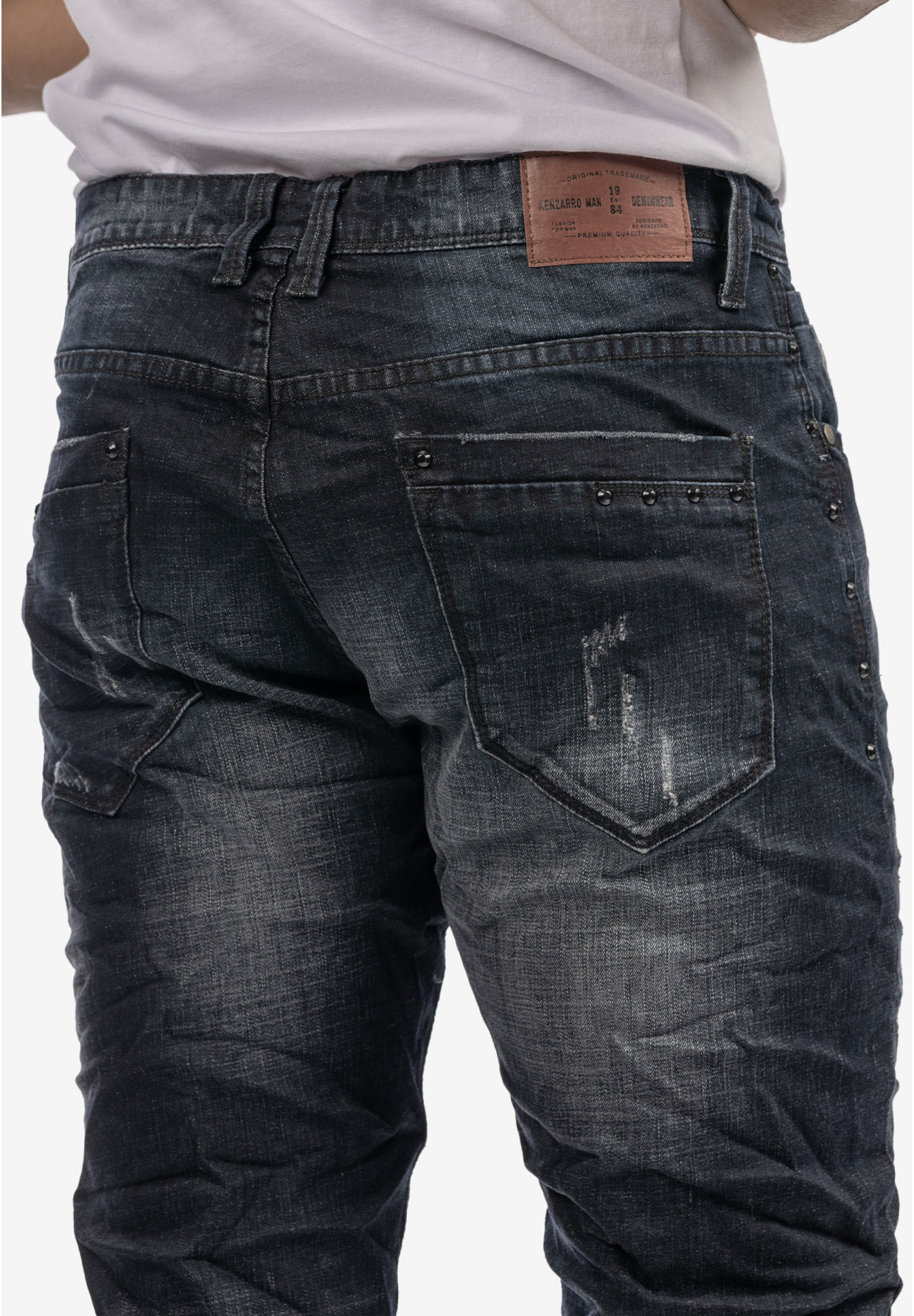 Spodnie Męskie Jeansowe Z Przetarciami Marszczeniami Ciemny Jeans KENZARRO