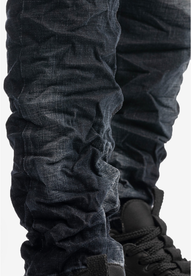 Spodnie Męskie Jeansowe Z Przetarciami Marszczeniami Ciemny Jeans KENZARRO