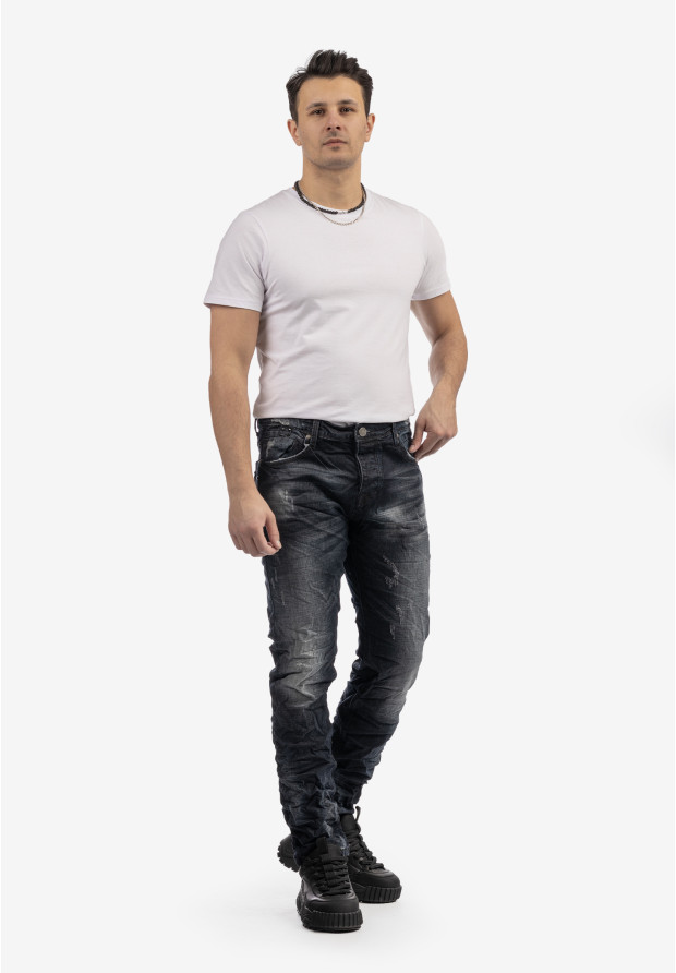 Spodnie Męskie Jeansowe Z Przetarciami Marszczeniami Ciemny Jeans KENZARRO