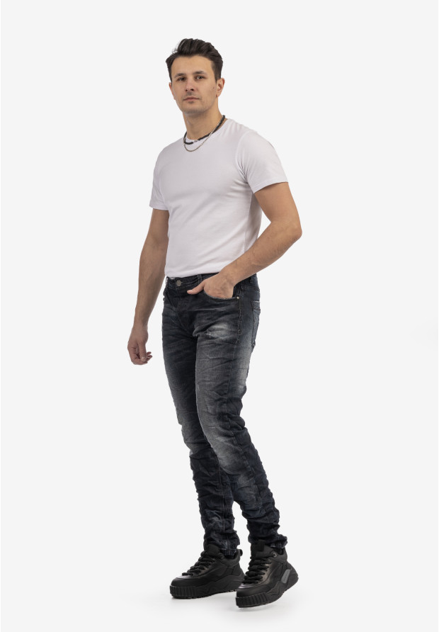 Spodnie Męskie Jeansowe Z Przetarciami Marszczeniami Ciemny Jeans KENZARRO