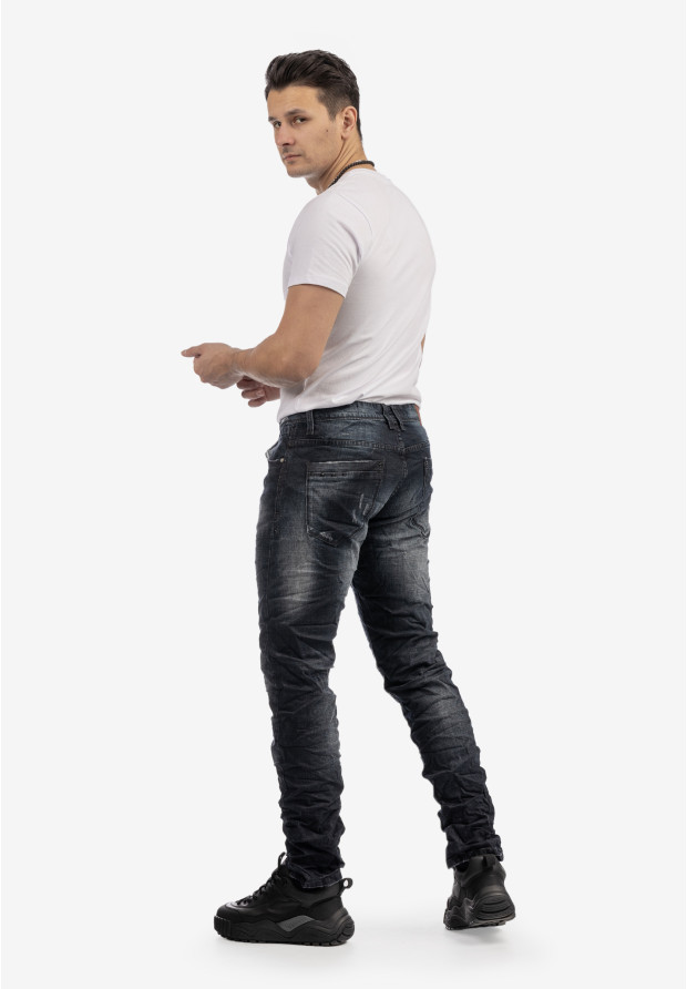 Spodnie Męskie Jeansowe Z Przetarciami Marszczeniami Ciemny Jeans KENZARRO