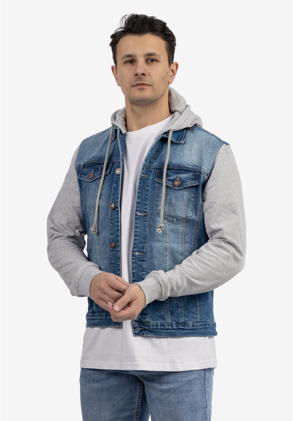Katana Męska Jeansowa Bluza z Kapturem Casual Denim Szara DIELE&CO