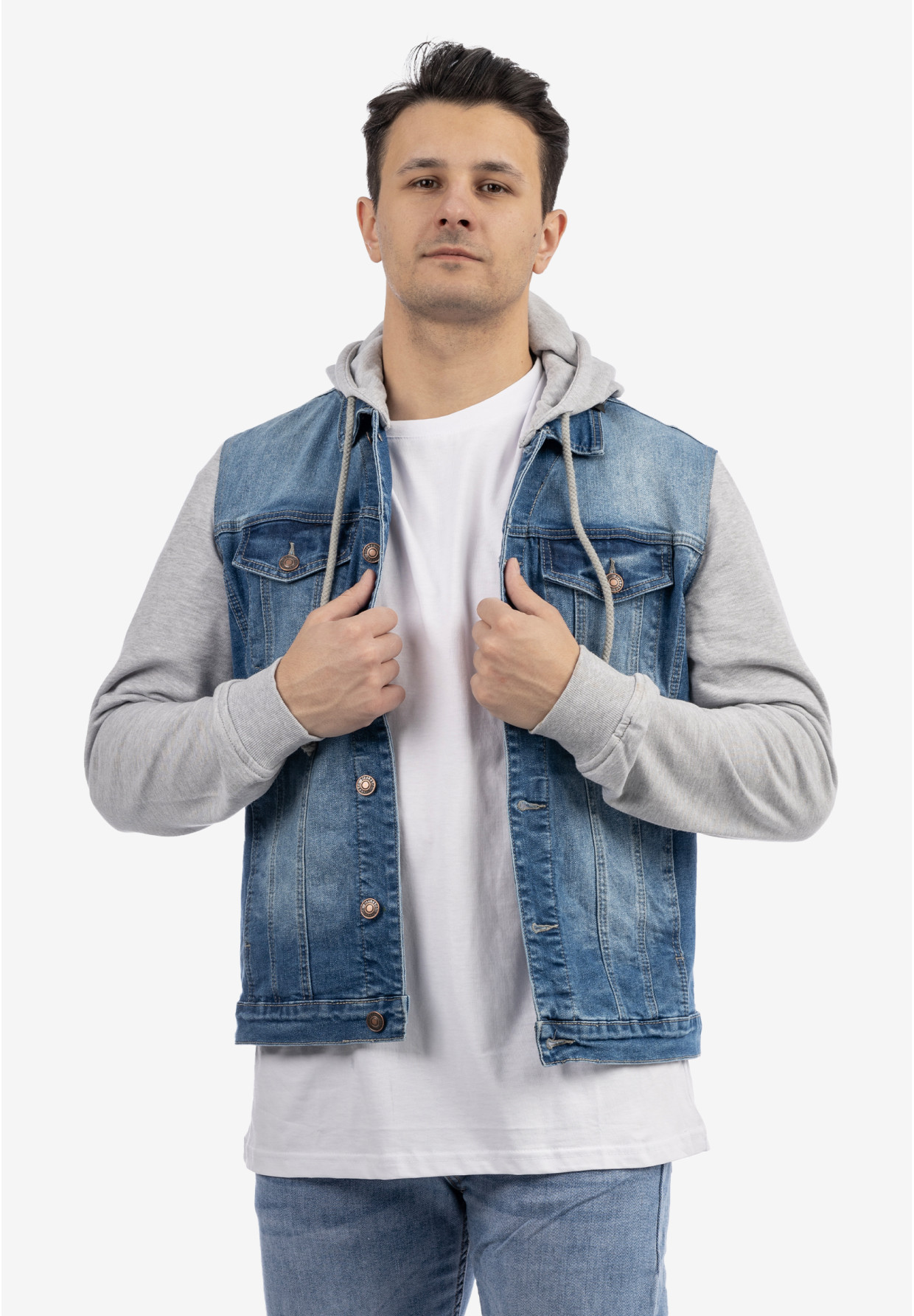 Katana Męska Jeansowa Bluza z Kapturem Casual Denim Szara DIELE&CO