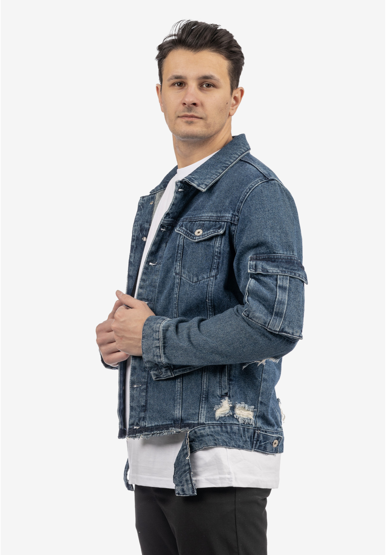 Katana Jeansowa Męska Kurtka Z Przetarciami Bawełna Casual Denim