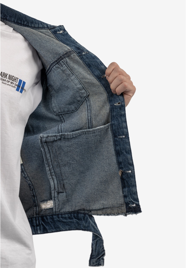 Katana Jeansowa Męska Kurtka Z Przetarciami Bawełna Casual Denim