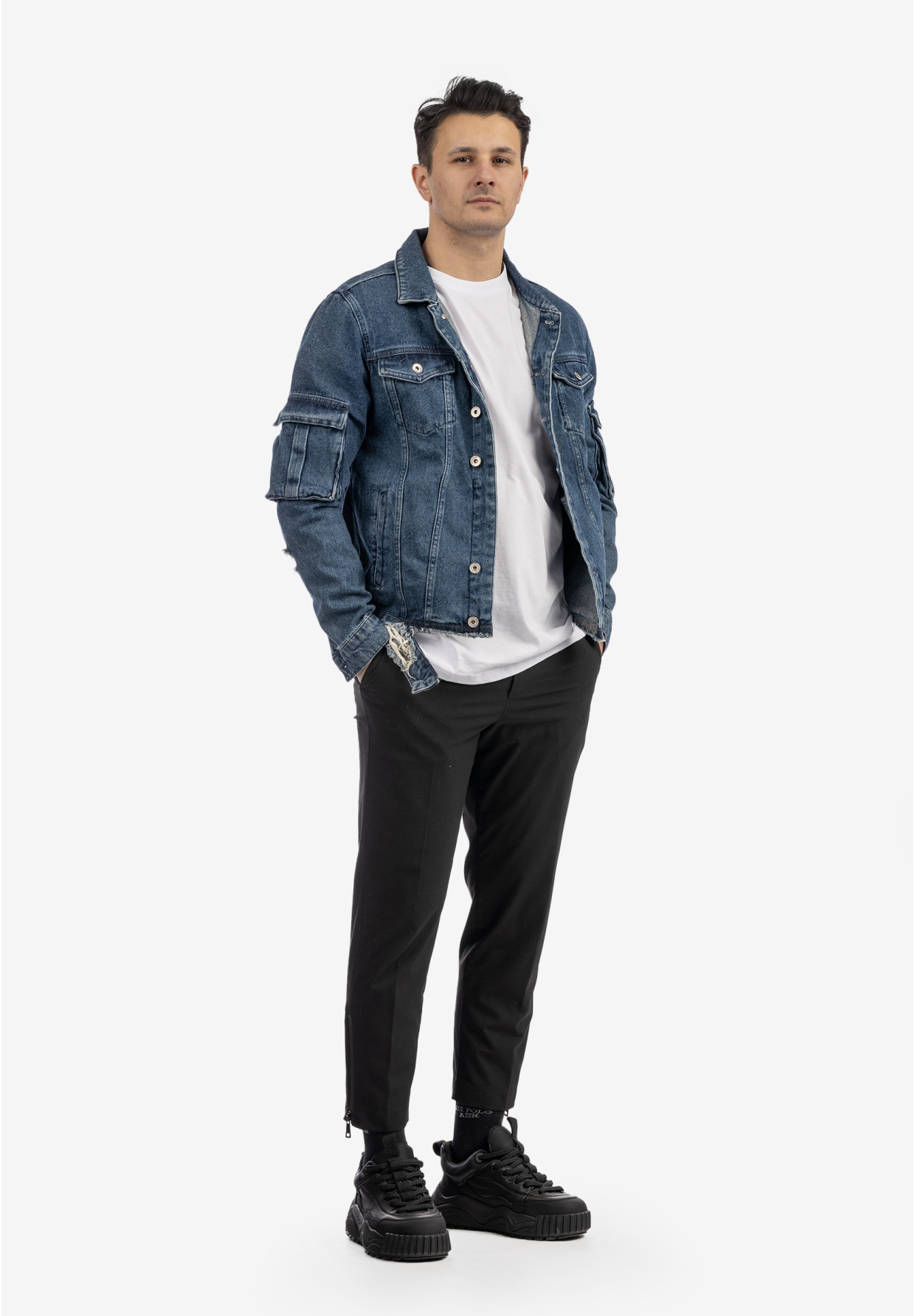 Katana Jeansowa Męska Kurtka Z Przetarciami Bawełna Casual Denim