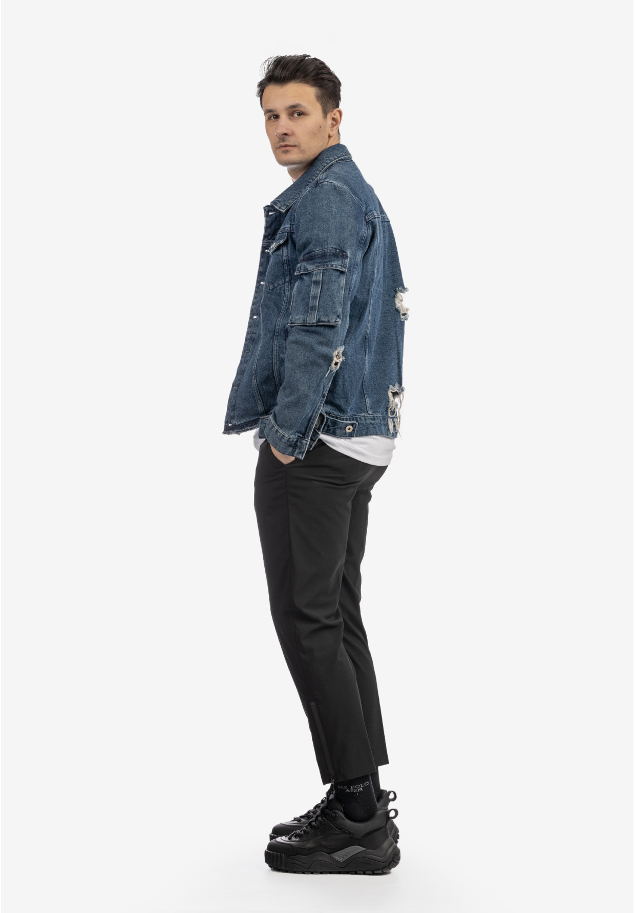 Katana Jeansowa Męska Kurtka Z Przetarciami Bawełna Casual Denim