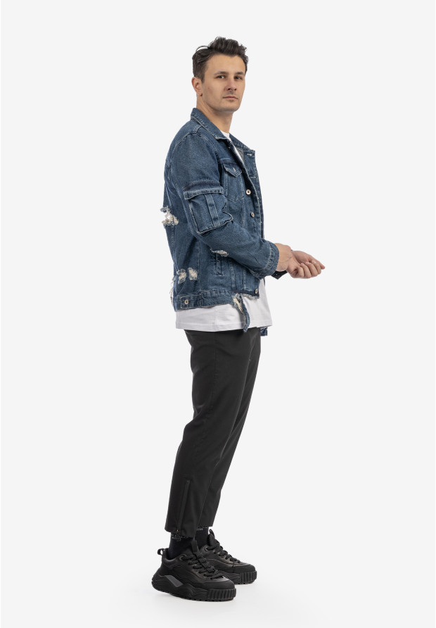 Katana Jeansowa Męska Kurtka Z Przetarciami Bawełna Casual Denim
