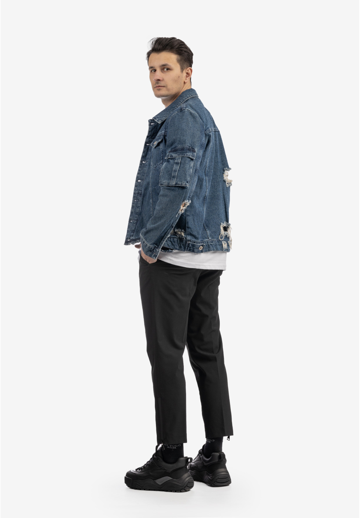 Katana Jeansowa Męska Kurtka Z Przetarciami Bawełna Casual Denim