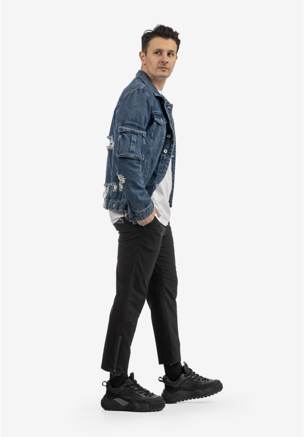 Katana Jeansowa Męska Kurtka Z Przetarciami Bawełna Casual Denim
