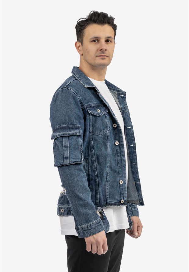 Katana Jeansowa Męska Kurtka Z Przetarciami Bawełna Casual Denim